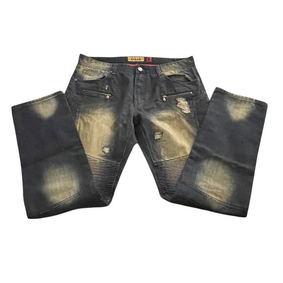 Mens Makobi Jeans 36x34 Blue Faded Distressed Zipper Pockets Streetwear Y2K - Picture 2 of 16